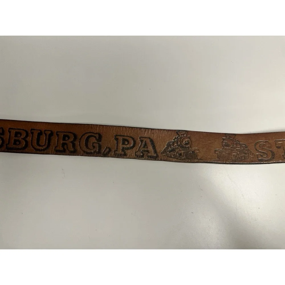 Vintage Tooled Leather Strasburg Pa Train Belt 36 - 42 Buckle USA‎